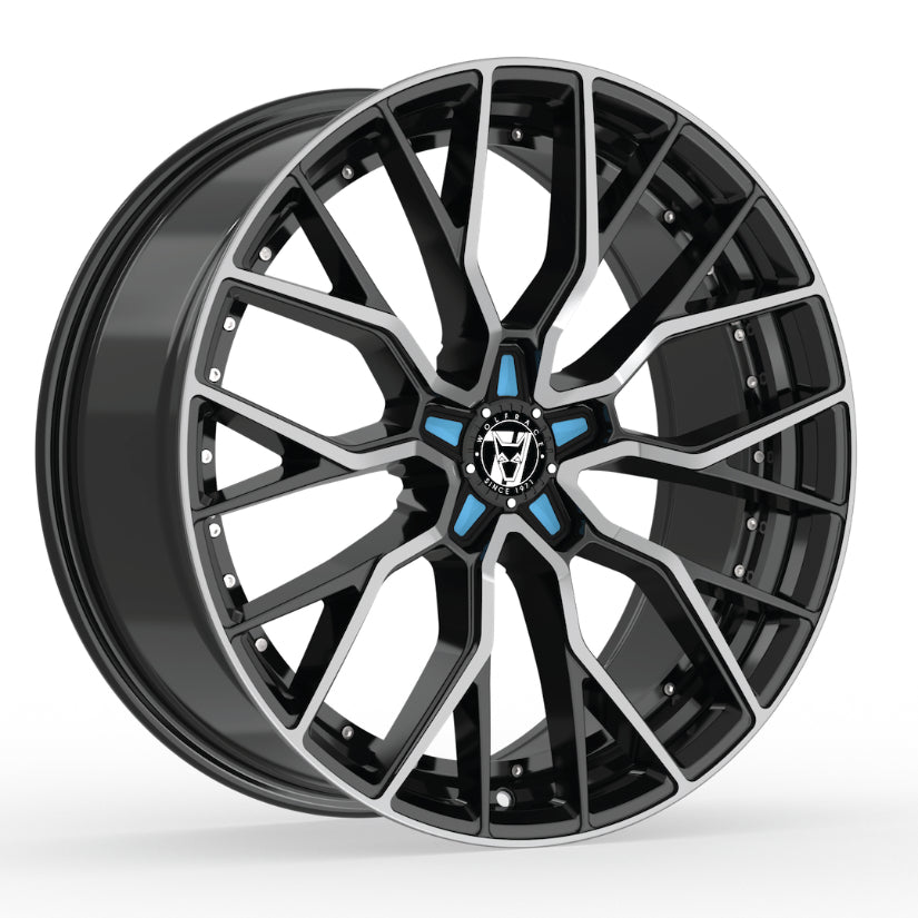 Wolfrace 71 Munich GTR Alloy Wheel 19x8.5 ET40 5x115 Gloss Raven Black Polished Blue Inserts 110mm CB
