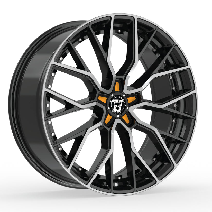Wolfrace 71 Munich GTR Alloy Wheel 19x8.5 ET40 5x108 Gloss Raven Black Polished Orange Inserts 110mm CB