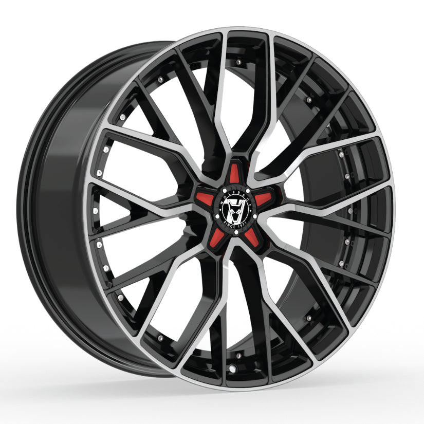 Wolfrace 71 Munich GTR Alloy Wheel 19x8.5 ET40 5x108 Gloss Raven Black Polished Red Inserts 110mm CB