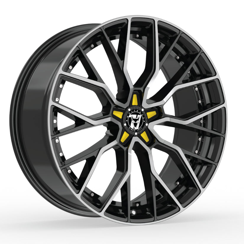 Wolfrace 71 Munich GTR Alloy Wheel 19x8.5 ET40 5x114 Gloss Raven Black Polished Yellow Inserts 110mm CB