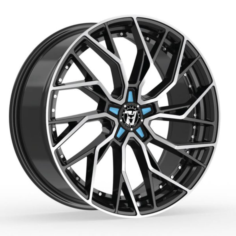 Wolfrace 71 Voodoo Alloy Wheel 20x8.5 ET38 5x112 Gloss Raven Black Polished Blue Inserts 110mm CB
