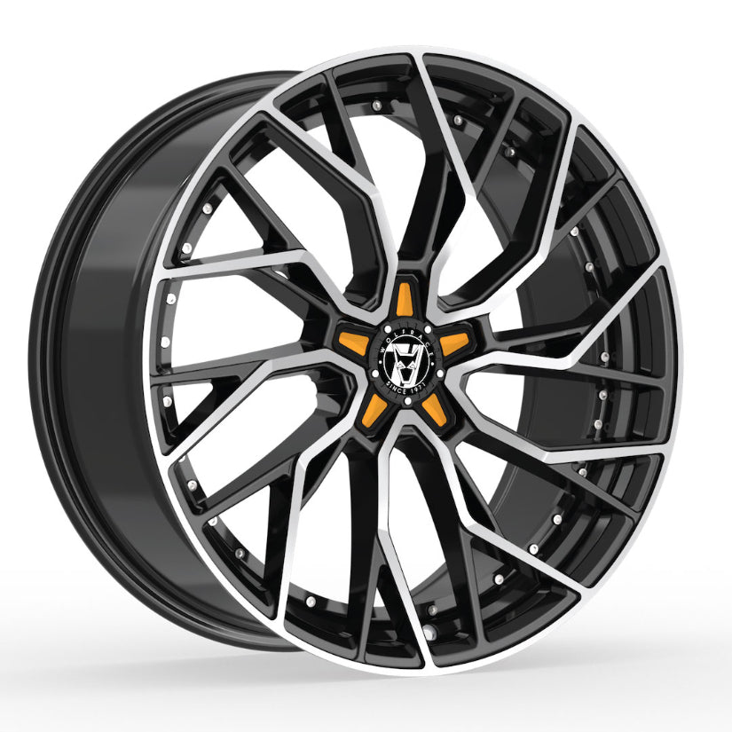 Wolfrace 71 Voodoo Alloy Wheel 20x8.5 ET38 5x112 Gloss Raven Black Polished Orange Inserts 110mm CB