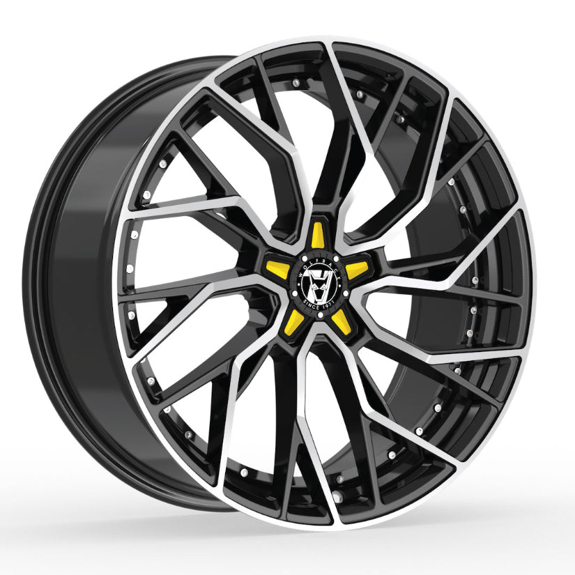 Wolfrace 71 Voodoo Alloy Wheel 20x8.5 ET38 5x115 Gloss Raven Black Polished Yellow Inserts 110mm CB