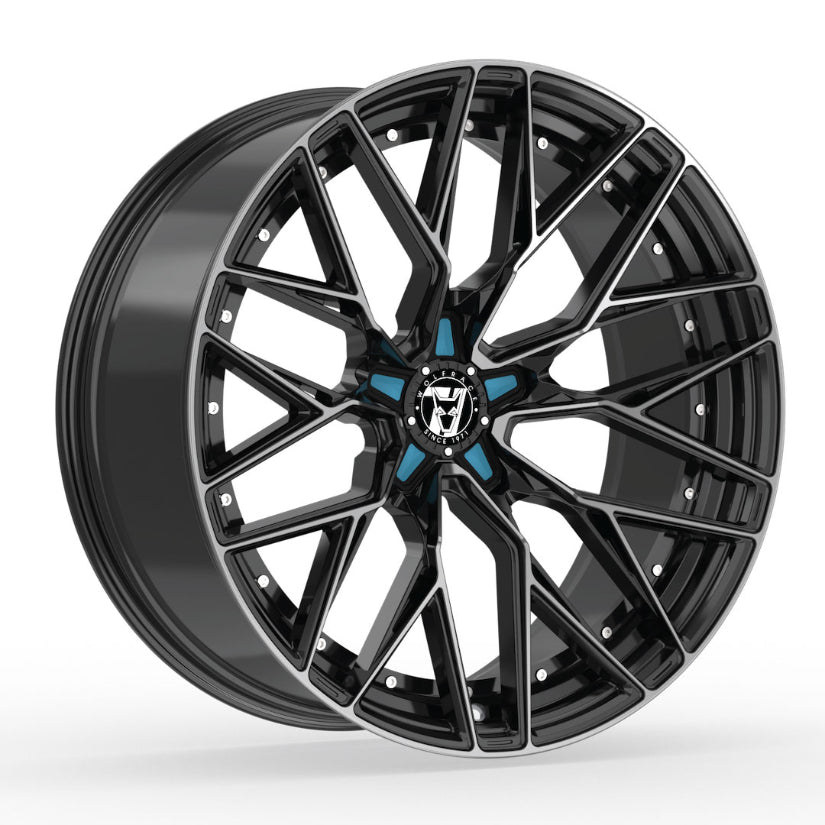 Wolfrace 71 Wolfsburg GTR Alloy Wheel 18x8.5 ET38 5x108 Gloss Raven Black Polished Blue Inserts 110mm CB