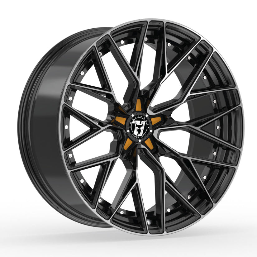 Wolfrace 71 Wolfsburg GTR Alloy Wheel 18x8.5 ET38 5x118 Gloss Raven Black Polished Orange Inserts 110mm CB