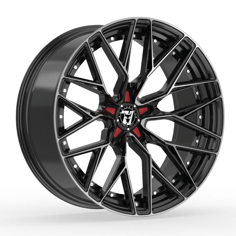 Wolfrace 71 Wolfsburg GTR Alloy Wheel 18x8.5 ET38 5x114 Gloss Raven Black Polished Red Inserts 110mm CB